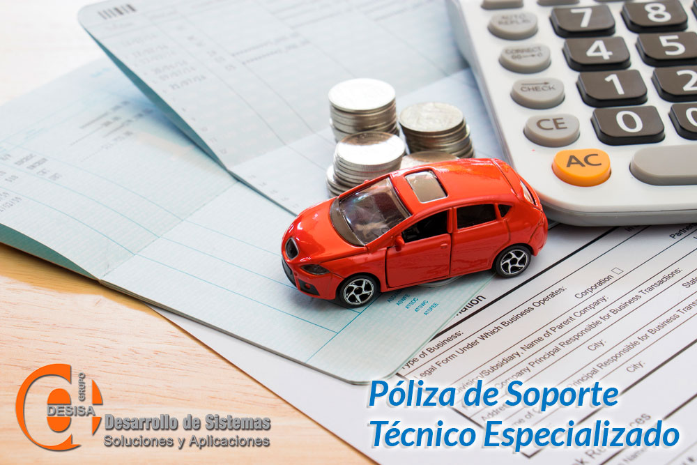 Auto de juguete rojo sobre formularios junto a una calculadora y el texto Póliza de Soporte Técnico Especializado