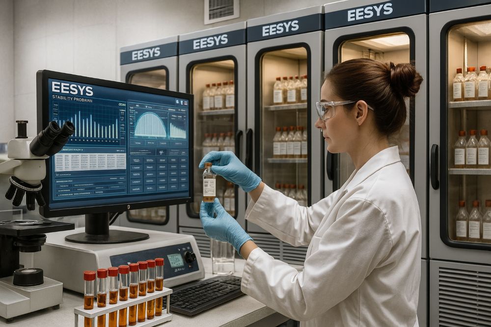 Analista sostiene un frasco ámbar frente a cámaras de estabilidad y un monitor con gráficas de EESYS