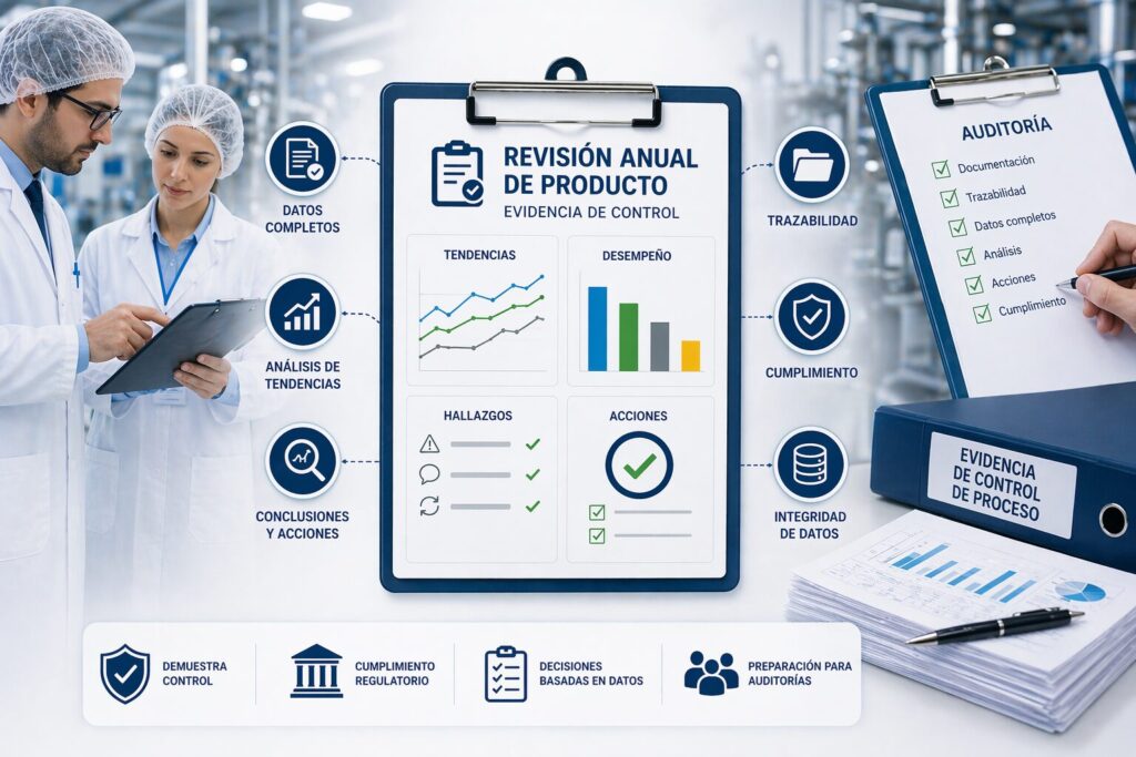 Tablilla «Revisión Anual de Producto, evidencia de control» junto a una lista de verificación de auditoría