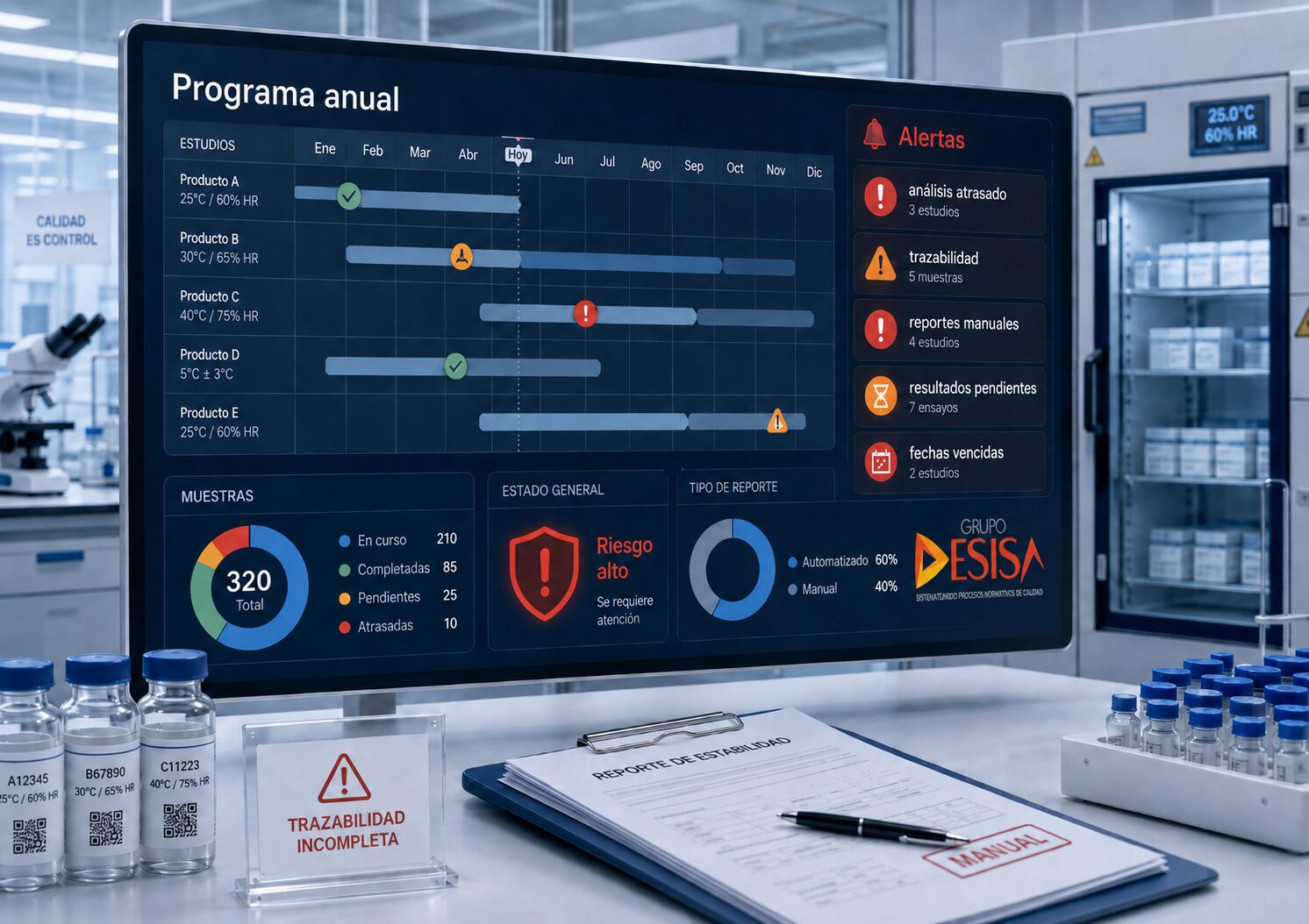 Pantalla "Programa anual" con cronograma de estudios de estabilidad y panel de alertas en un laboratorio
