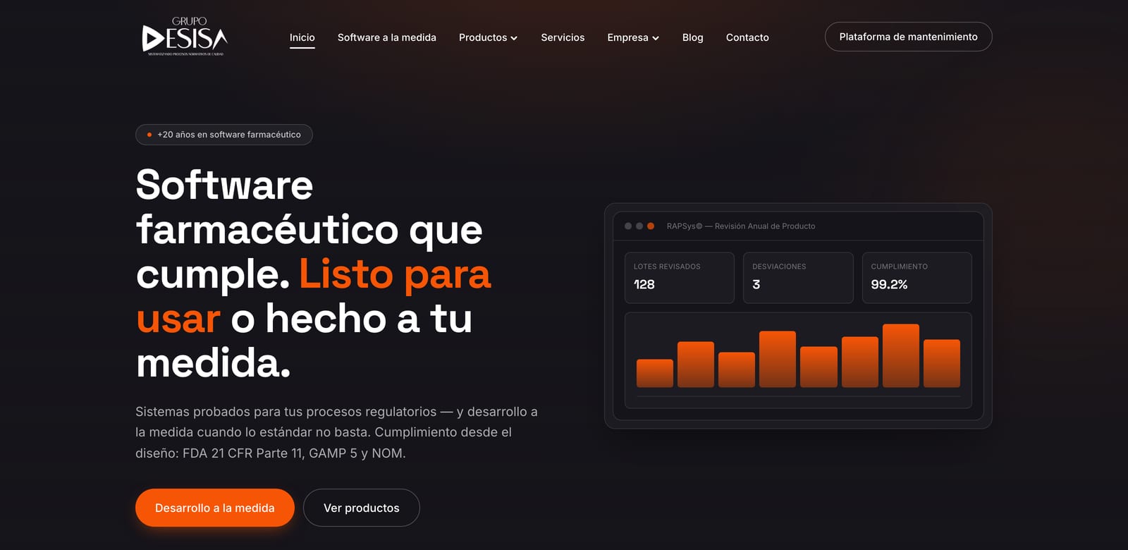 Portada del nuevo sitio web de Grupo DESISA con el mensaje: software farmacéutico que cumple, listo para usar o hecho a tu medida