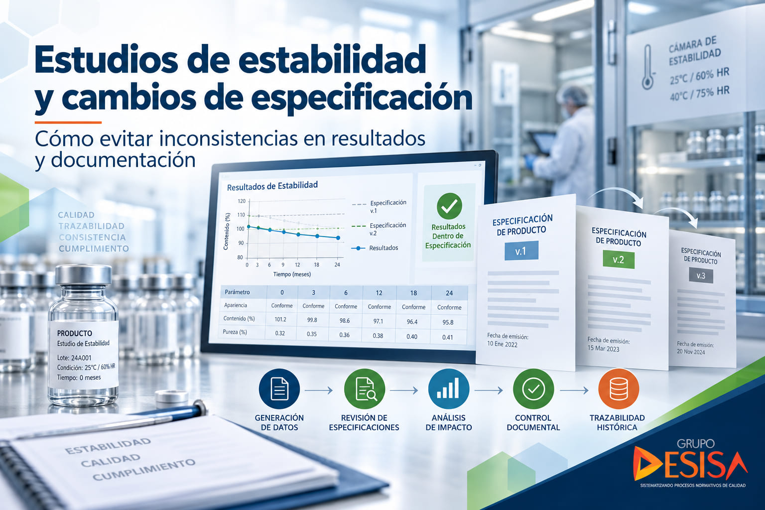 Resultados de un estudio de estabilidad comparados con dos revisiones de la especificación, junto a tres versiones del documento de especificación de producto con sus fechas de emisión